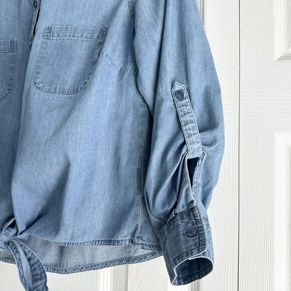 Style & Co Denim Shirt Size PM Blue Medium Wash Tie Front Western Style Cotton - Picture 3 of 9